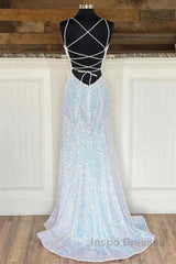 Empire Mermaid White Sequin V-Neck Evening Prom Dress