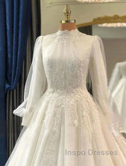 Engagement Vintage 1940S / 1950S Formal Wedding Dress Ball Gown High Neck Long Sleeve Court Train Lace Bridal Gowns With Pleats Appliques