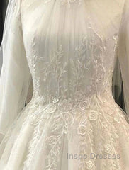 Engagement Vintage 1940S / 1950S Formal Wedding Dress Ball Gown High Neck Long Sleeve Court Train Lace Bridal Gowns With Pleats Appliques