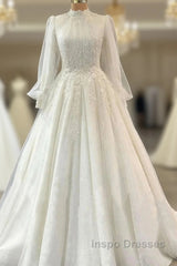 Engagement Vintage 1940S / 1950S Formal Wedding Dress Ball Gown High Neck Long Sleeve Court Train Lace Bridal Gowns With Pleats Appliques