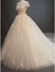 Engagement Vintage Formal Wedding Dress Ball Gown Off Shoulder Cap Sleeve Cathedral Train Lace Bridal Gowns With Pearls Appliques