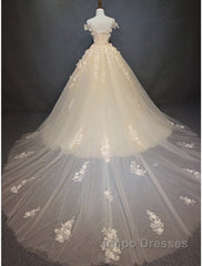 Engagement Vintage Formal Wedding Dress Ball Gown Off Shoulder Cap Sleeve Cathedral Train Lace Bridal Gowns With Pearls Appliques