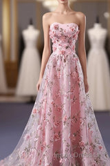 Pink Tulle 3D Flowers Long Evening Prom Dress, Pink Evening Prom Dress