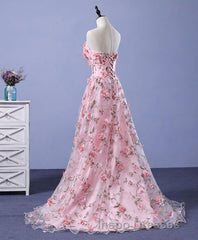 Pink Tulle 3D Flowers Long Evening Prom Dress, Pink Evening Prom Dress