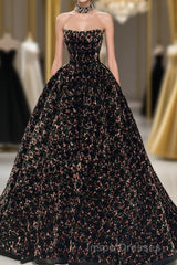 A Line Sparkly Sequin Long Evening Prom Dress, Gorgeous Strapless Long Evening Prom Dress