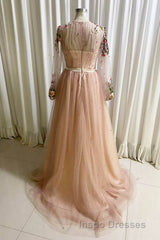 A Line Tulle Long Evening Prom Dress with Flowers, Pink Long Sleeves Party Dress with Beading