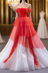 Red and White off the Shoulder Tired Evening Prom Dress, Puffy Formal Party Dress