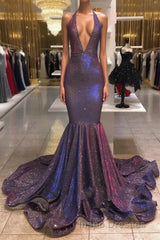 Chic Deep V-Neck Sleeveless Evening Prom Dress New Arrival Halter Memaiad Sequins Evening Prom Gowns