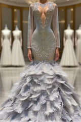 Fabulous Long Mermaid V-neck Sequined Beading Feather Tulle Evening Prom Dress with Sleeves