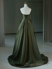 A-Line V Neck Satin Green Long Evening Prom Dress, Green Long Formal Dress