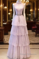 Fairy A Line High Neckline Pink Long Tulle Evening Prom Dress 22Th Birthday Outfit