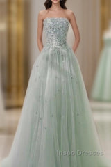 Fairy A Line Strapless Mint Green Long Tulle Evening Prom Dress 22Th Birthday Outfit