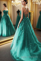 Fashion Green Lace Appliques Open Back Tulle Long Evening Prom Dress, Green Lace Formal Dress, Green Evening Dress