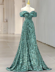 A-Line Evening Prom Gown Elegant Dress Formal Wedding Guest Sweep / Brush Train Sleeveless Off Shoulder Sequined with Glitter Sequin Masquerade Dress