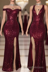 Long Mermaid Burgundy Sequin Evening Prom Dress Glitter Split Evening Prom Gown