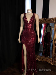 Long Mermaid Burgundy Sequin Evening Prom Dress Glitter Split Evening Prom Gown