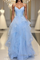 Blue sleeveless Evening Prom dress,applique spaghetti-straps v-neck evening dress,tulle lace ruffles party dress