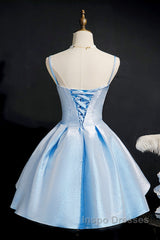 Blue satin short Evening Prom dress homecoming dress