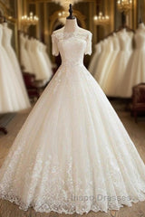 Floor Length Applique Ball Gown Off the Shoulder Lace Tulle 1/2 Sleeves Wedding Dress