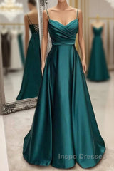 Floor-Length Satin Green Evening Prom Dress A-Line  With Pleated