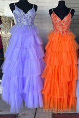 Floral Lace V-Neck Multi-Tiered A-Line Evening Prom Dress