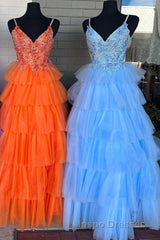 Floral Lace V-Neck Multi-Tiered A-Line Evening Prom Dress