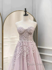 Floral Strapless Pink Lace Appliques Long Evening Prom Dress