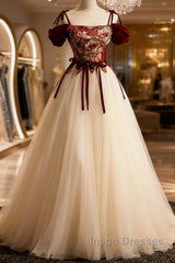 Flowers Champagne Long Tulle Evening Prom Dress with Straps