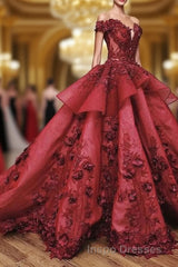 Ball Gown Off the Shoulder Evening Prom Dress with Beading, Puffy Long Quinceanera Dress