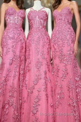 Gorgeous Hot Pink Lace Appliques Long Formal Dress