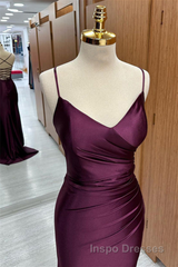 Cabernet Satin V Neck Lace-Up Back Pleated Long Evening Prom Dress with Silt