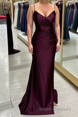 Cabernet Satin V Neck Lace-Up Back Pleated Long Evening Prom Dress with Silt