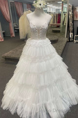 Plunging V-Neck Straps Appliques Layered Evening Prom Dress