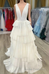 White V-Neck Pleated Layered Long Formal Dress