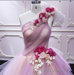 Puffy One Shoulder Sleeveless Tulle Evening Prom Dress with Flowers, Ruffles Quinceanera Dress