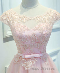 Pink Lace Tulle Short Evening Prom Dress, Pink Evening Prom Dress