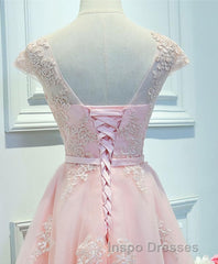 Pink Lace Tulle Short Evening Prom Dress, Pink Evening Prom Dress