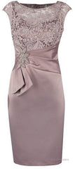 Sheath Grey Bateau Cap Sleeves Mother Of The Bride Dress With Lace Appliques