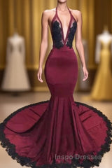 Burgundy Halter Deep V Neck Mermaid Evening Prom Dress with Lace, Long Evening Prom Gown