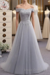Gray A Line Lace Off Shoulder Evening Prom Dress, Lace Evening Prom Dress