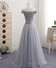 Gray A Line Lace Off Shoulder Evening Prom Dress, Lace Evening Prom Dress