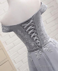 Gray A Line Lace Off Shoulder Evening Prom Dress, Lace Evening Prom Dress