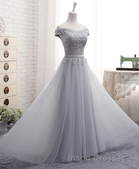 Gray A Line Lace Off Shoulder Evening Prom Dress, Lace Evening Prom Dress