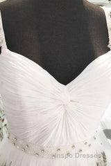 White Straps Floor Length Long Evening Prom Dress with Lace Flowers Formal Dress