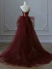 Glam Wine Red Sequins And Tulle Long Party Dress, Wine Red Evening Dress Prom Dress