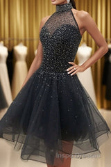 Glamorous A Line High Neck Beaded Tulle Short Black Evening Prom Dress, Beaded Black Homecoming Dress, Black Short Formal Graduation Evening Dress