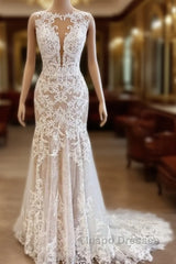Glamorous Long Mermaid Bateau Appliques Lace Tulle Wedding Dress