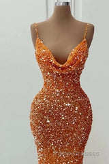 Glamorous Long Mermaid Spaghetti Straps Sequined Formal Evening Prom Dress