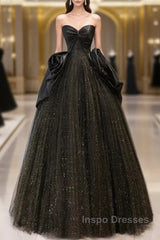 Glitter A-Line Sweetheart Neck Tulle Satin Ballgown Black Long Evening Prom Dress Sparkly Evening Dress