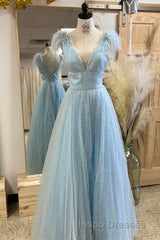Glitter Feathers V-Neck Empire Waist A-Line Evening Prom Gown,Evening Prom Party Dress